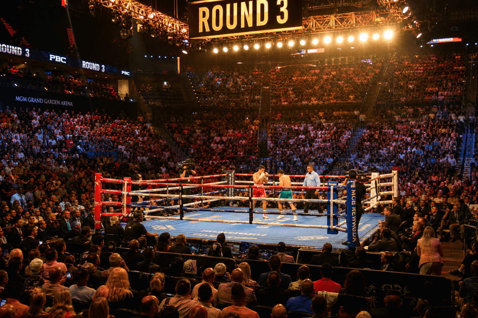 Boxing ring in a brightly lit arena